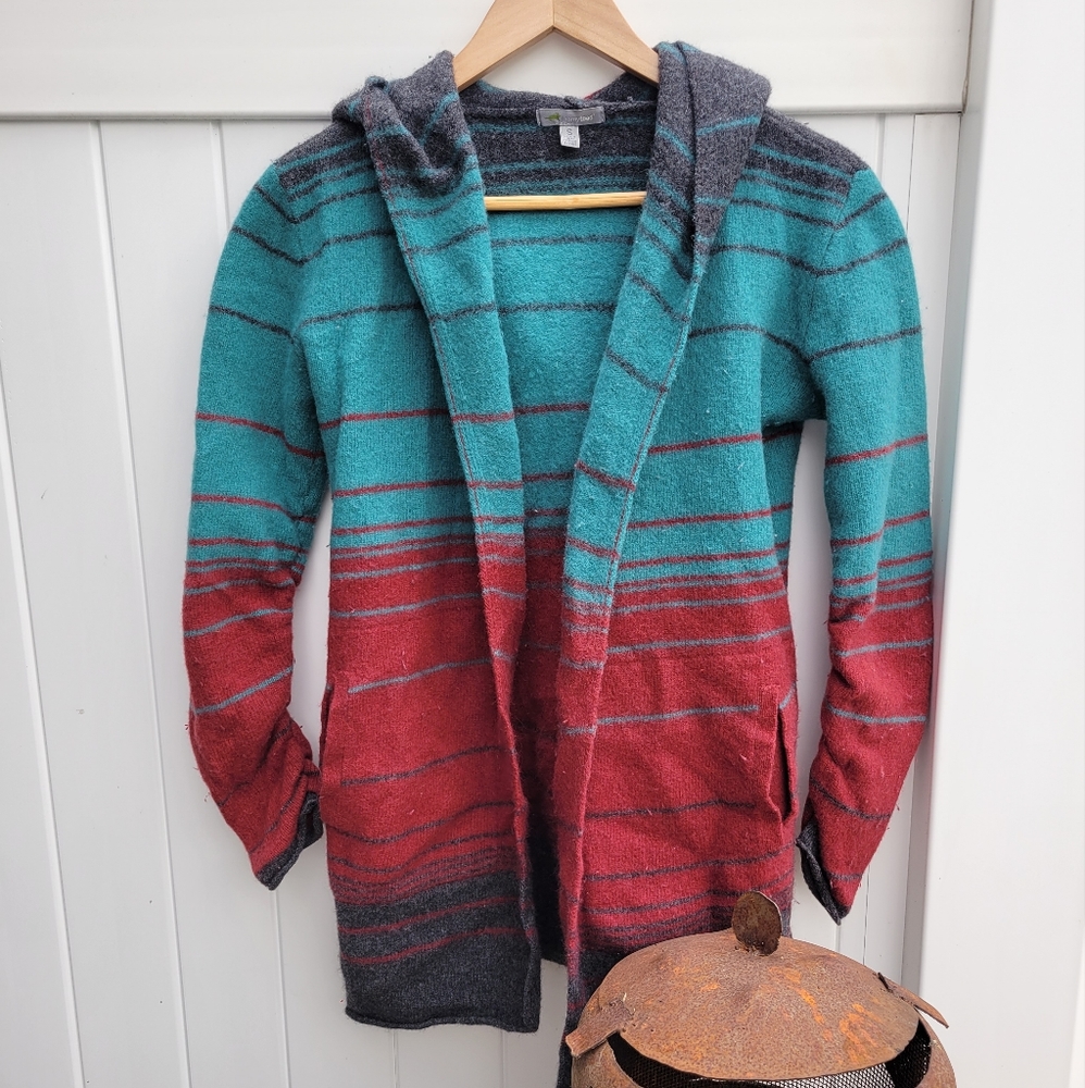 Horny Toad Teal, Red & Charcoal Striped Hooded Sweater